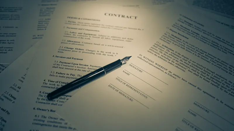 A black pen rests on printed contract documents in a pool of light.